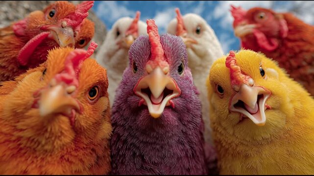 Chickens forming a circle and peeking down, funny farm animal concept