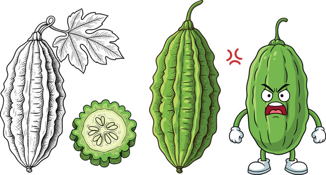 Bitter melon vegetable set with botanical sketch sliced view and angry cartoon character vector illustration healthy organic food design