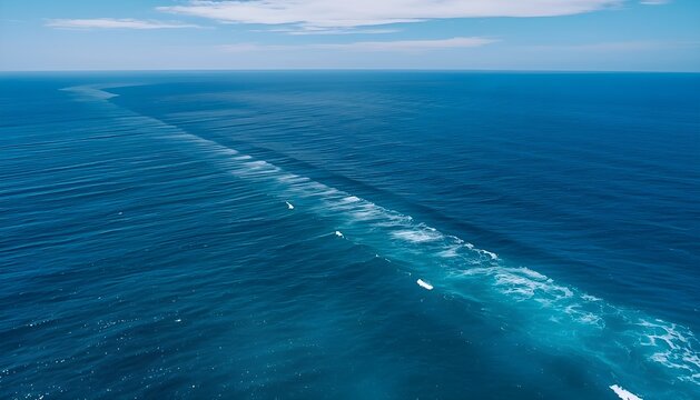 Aerial view of deep blue ocean with a long diagonal wave line cutting through calm water, creating a striking minimalist seascape.