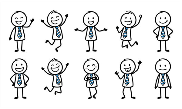 Cheerful stick figure business characters displaying positive emotions and energy in a collection