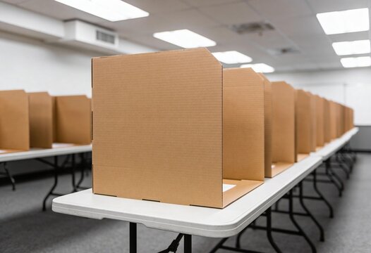 Empty cardboard voting booths arranged in rows on folding tables inside a polling station, election privacy and civic participation setup ready for voters