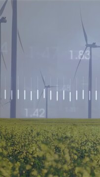 Vertical video: Data overlay appearing over turbines, bars pulsing, numbers updating, showing power