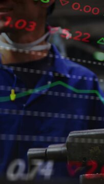 Vertical video: Tech gripping tool, starting data overlay over part while checking in factory