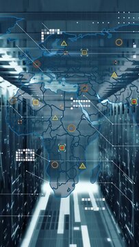 Camera moving down datacenter aisle, holographic map evolving with HUD nodes monitoring rack status