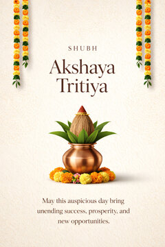 Shubh Akshaya Tritiya festive greeting card with golden Kalash and marigold flowers, Hindu auspicious festival celebration poster for prosperity and success