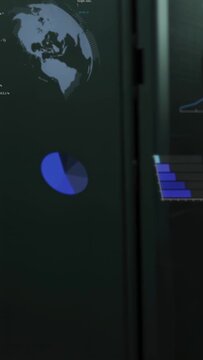 Vertical video: circle popping globe, pie, bars or line animating then fading on clear panel for tec