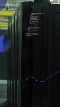 Vertical video: On data update server rack showing rising line, sliding pies, code monitoring