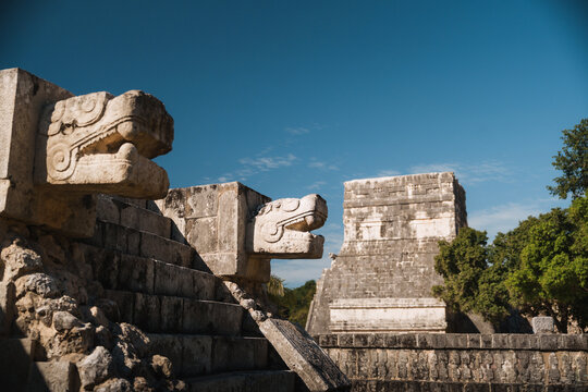 Feathered serpent carved stone, chichen itza mayan ruins
