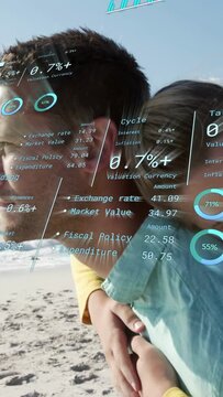 Vertical video: Dad carrying kid back walking beach, motion causing AR finance panels showing rates