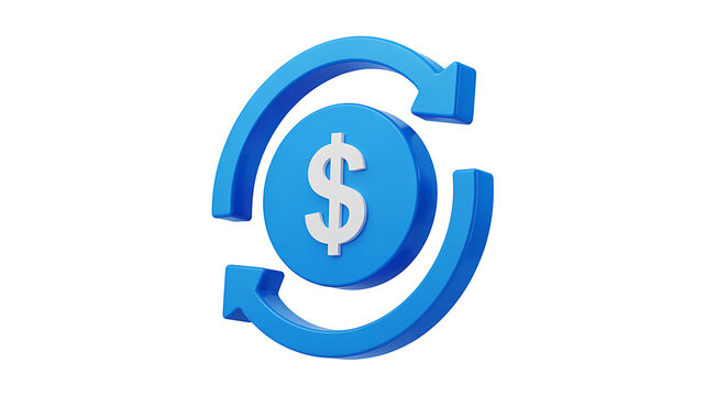 A 3D icon design featuring a dollar coin surrounded by circular arrows, symbolizing money exchange, financial transactions, and currency refresh