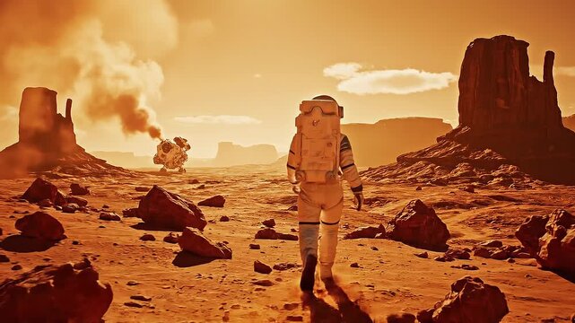 Astronaut exploring rocky Mars landscape with crashed spacecraft and orange desert terrain under bright sky
