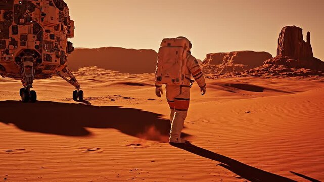 Astronaut exploring red desert landscape with rocky formations and spacecraft on alien planet surface
