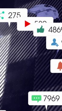 Vertical video: UI bubbles sliding in, stacking over rotating globe, showing marketing reach