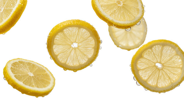 Fresh yellow lemon slices with water droplets, isolated on transparent background