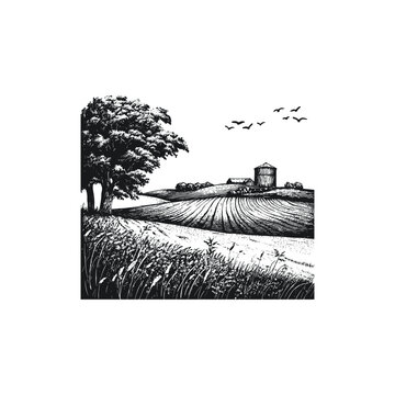 Hand drawn vintage farm landscape with fields, barn, silo, and trees in woodcut or engraving style.