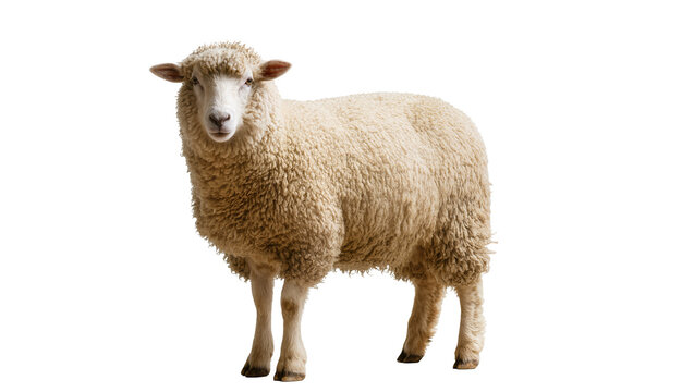 Fluffy white sheep standing, isolated on transparent background