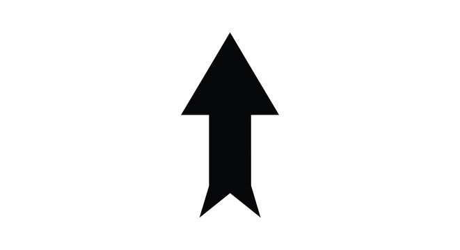 A stark black arrow points directly upwards against a plain white background creating a bold silhouette high quality
