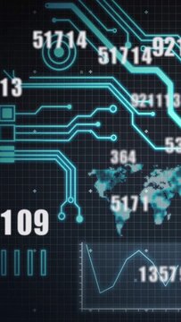 Vertical video: Teal pulses driving numbers animating across world map, tracking tech metrics