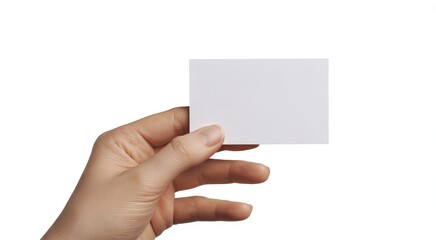 Obraz premium Hand holding a blank white business card against a white background
