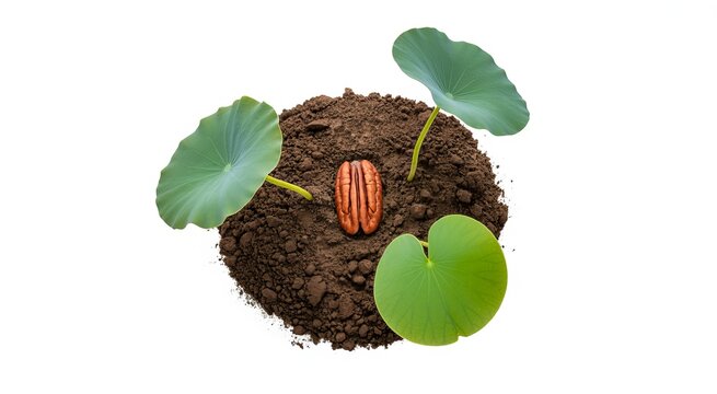 Pecan nut sprouting in soil with green leaves on white background seedling growth
