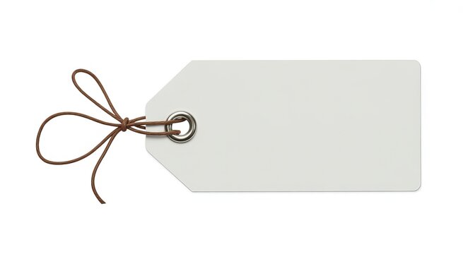 White rectangular gift tag with brown twine bow and metal eyelet on white background price tag label