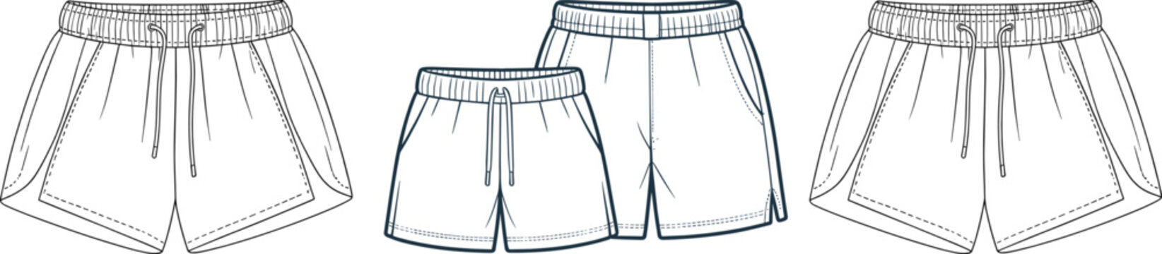Sport inspired running shorts technical drawing set, front views, elastic waistband, drawstring detail, curved hem design, activewear template &ndash; vector illustration