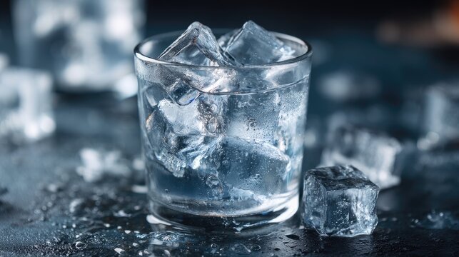 Close-Up of Water Glass with Ice Cubes in Classic Bar Setting