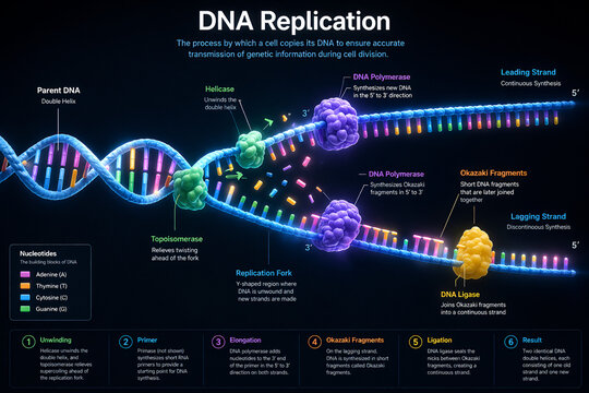 Labeled DNA Replication Mechanism Diagram Showing Enzymes and Strand Synthesis