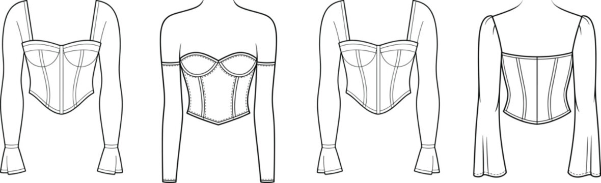 Structured corset top technical drawing set, strapless bustier with sheer long sleeves option, front and back views &ndash; vector illustration