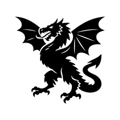 Obraz premium Logotipo con la silueta de un dragón tipo wyvern con las alas abiertas, al estilo clásico de los emblemas medievales