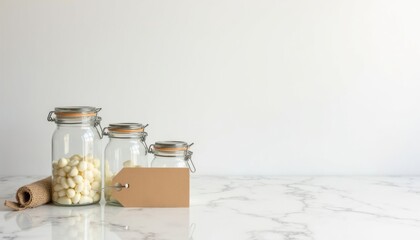 Obraz premium Clear Glass Jars with Marshmallows and Empty Tag on Marble Surface. Three clear glass jars of different sizes containing white marshmallows and an.