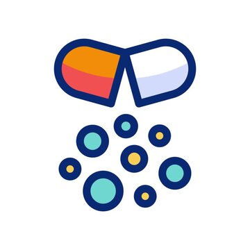 Flat vector style illustration of an open capsule releasing particles, representing medicine, supplements, and pharmaceutical treatment.
