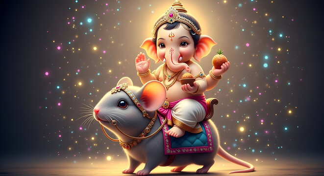Cute Baby Ganesha Riding Mouse with Sweets Colorful Glow
