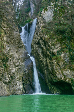 Waterfall and lake in the mountains