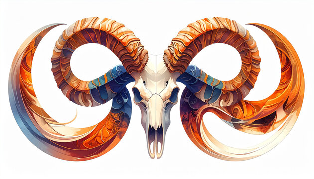 Vibrant tribal horn swirl design showcases a detailed ram skull with layered curves.