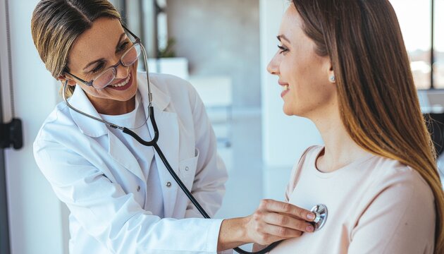 Female doctor using stethoscope to examine patient in bright medical office.