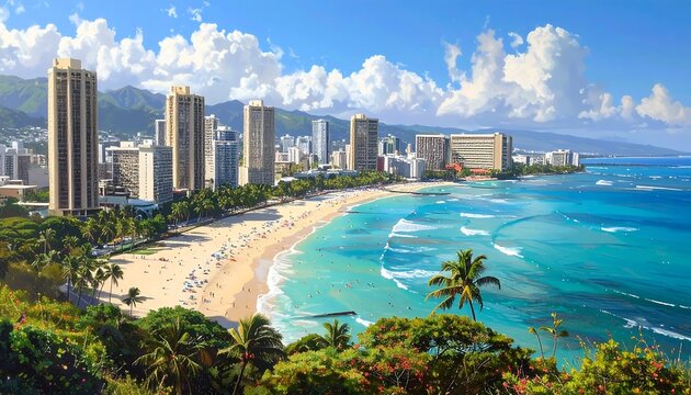 A tropical city beach with high-rise buildings and palm trees