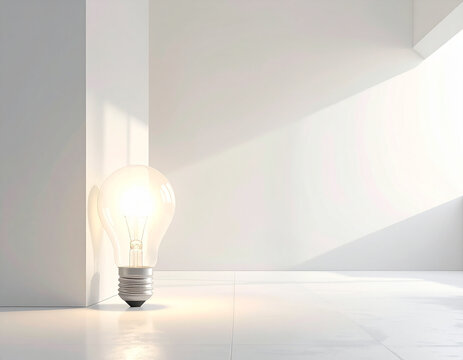 Glowing light bulb placed in a minimal clean scene with soft ambient lighting.