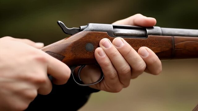 Hands holding classic wooden rifle outdoors, ready to fire