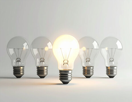Conceptual image of one glowing light bulb standing out from unlit bulbs, symbolizing innovation and uniqueness in a minimalistic setting.
