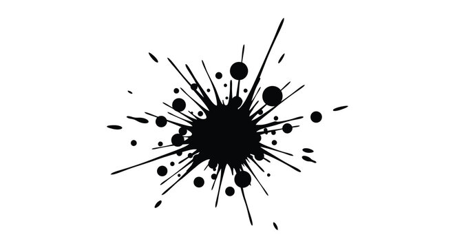 An abstract explosion of black ink splatters and dots radiating outwards creating a dynamic visual effect silhouette