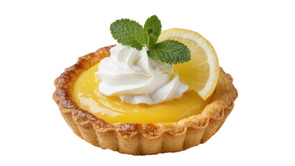Golden lemon tart with whipped cream mint and lemon slice, isolated on transparent background