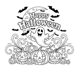 Obraz premium Happy Halloween greeting with a ghost flying in the moon among pumpkins and bats for coloring