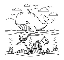 Fototapeta premium Whale jumping over shipwreck, underwater scene, coloring book