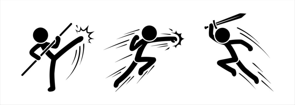 Action-packed stick figures demonstrating martial arts, archery, and sword combat