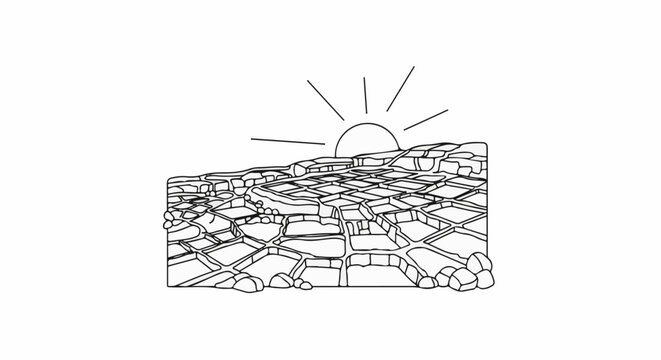 Stylized line drawing of salt pans with rising sun