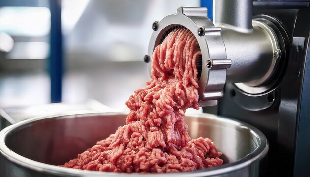 Minced firefly meat emerging from an industrial grinder in a hygienic food processing environment