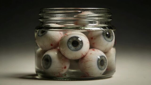 Glass jar filled with realistic eyeballs in liquid, dark studio setup creating horror concept, medical specimen idea, fear, surveillance metaphor, Halloween theme, and shocking visual.