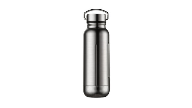 Brushed stainless steel water bottle with metal cap and handle, isolated on transparent background