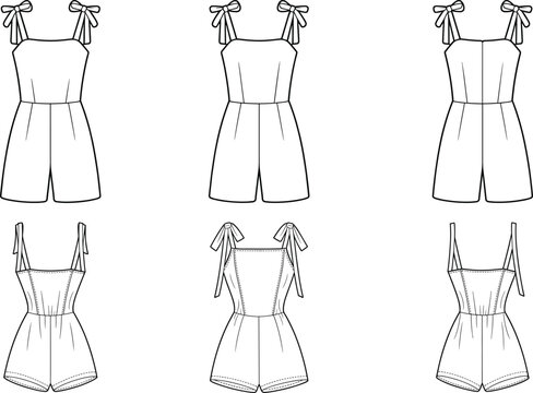Summer women romper outfit set, tie strap sleeveless playsuit collection, casual one piece clothing, front and back fashion flat sketch &ndash; vector illustration